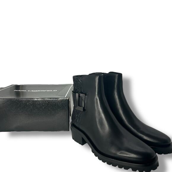 NEW Karl Lagerfeld Black Bootie Size 10 Lug Sole Leather Ankle Boot Combat Moto - Picture 2 of 11